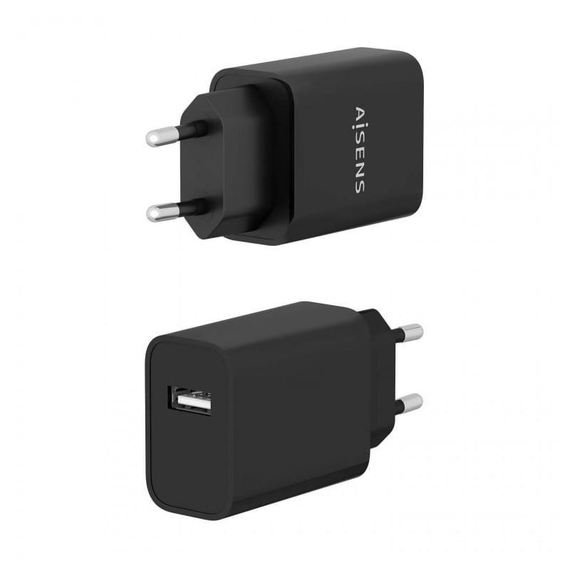 Carregador de alta eficiência Aisens 10.5W 1xUSB Preto vista frontal e traseira