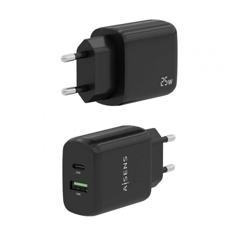 Cargador Doble de Alta Eficiencia 25W Aisens 1xUSB Tipo-C / 1xUSB Negro imagen trasera y delantera