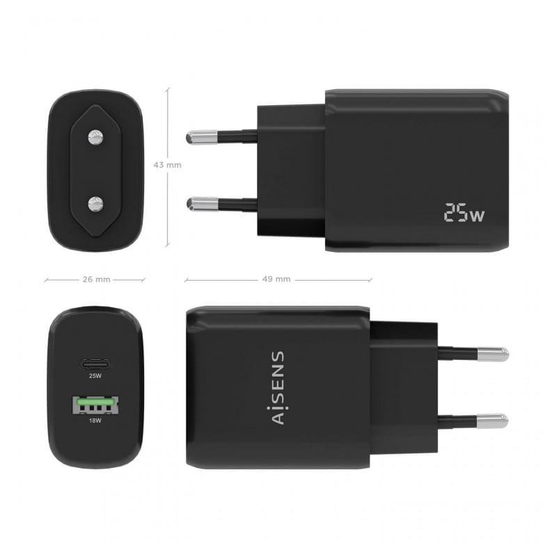 Cargador Doble de Alta Eficiencia 25W Aisens 1xUSB Tipo-C / 1xUSB Negro imagen de las medidas