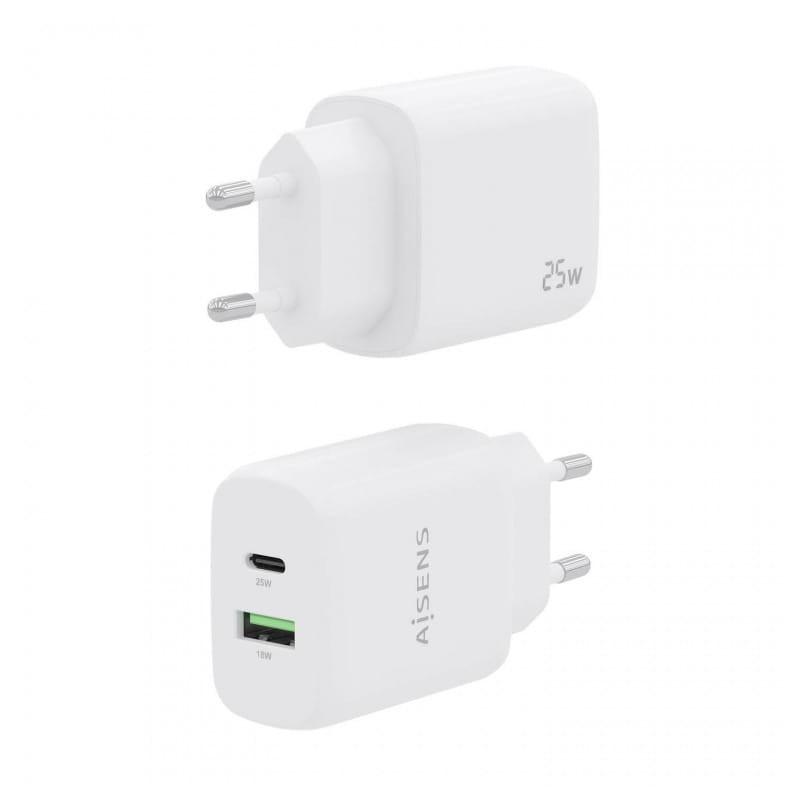 Cargador Doble de Alta Eficiencia 25W Aisens 1xUSB Tipo-C / 1xUSB Blanco imagen trasera y delantera