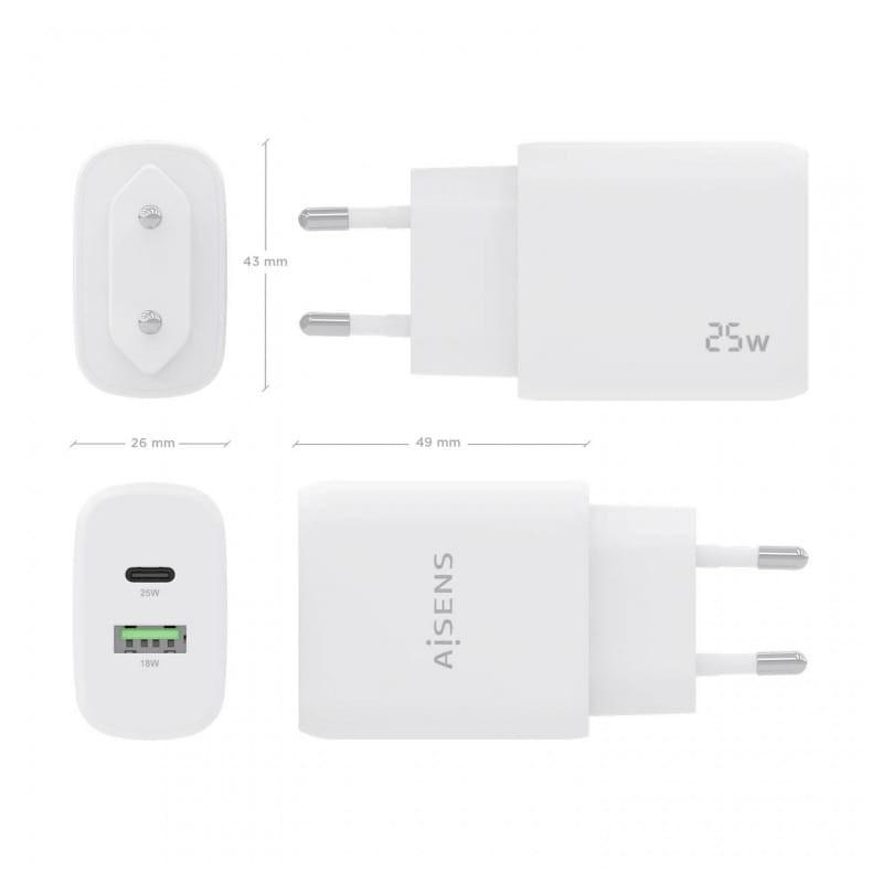 Cargador Doble de Alta Eficiencia 25W Aisens 1xUSB Tipo-C / 1xUSB Blanco imagen de sus medidas