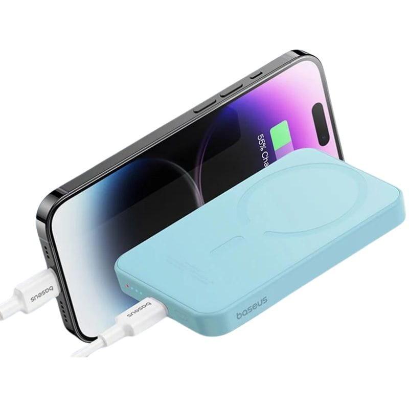 Power Bank Mini 5000mAh Baseus compatible con MagSafe Azul - Carga rápida 20W y Cable tipo C incluido imagen cargando i-phone