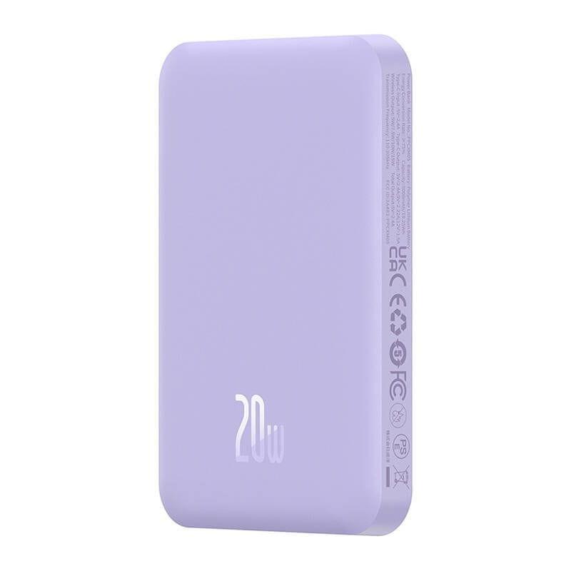 Power Bank Mini 5000mAh Baseus MagSafe Compatível Roxo - Carregamento Rápido 20W e Cabo C incluídos no lado direito