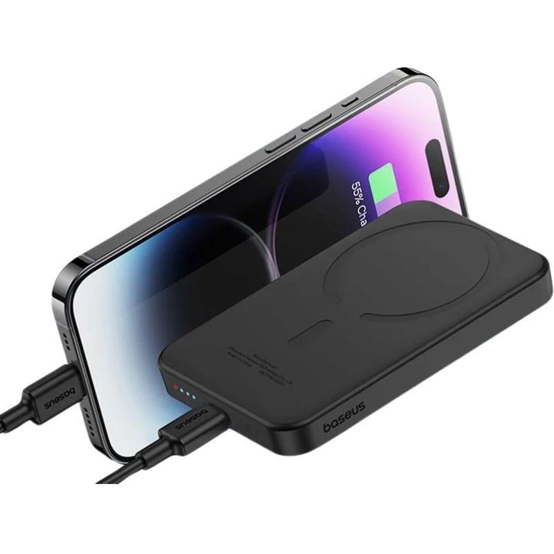 Power Bank Mini 5000mAh Baseus compatible con MagSafe Negro - Carga rápida 20W y Cable tipo C incluido imagen cargando un i-phone