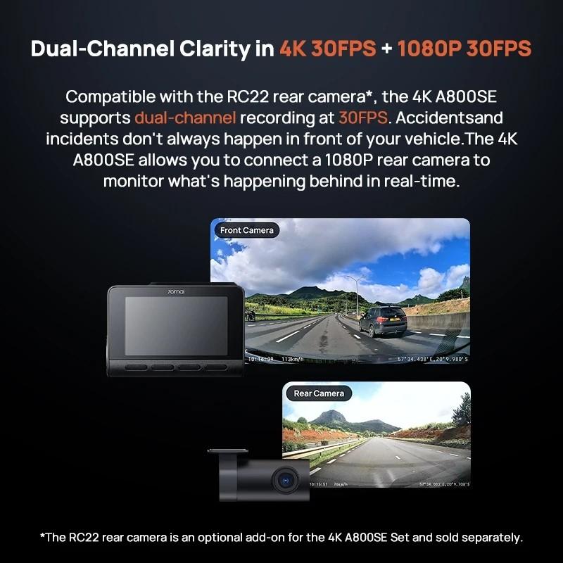 70mai Dash Cam 4K A800SE + Camara Trasera 70mai RC22 - condensador integrado