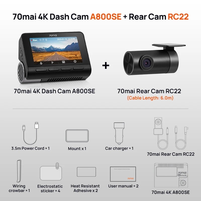 70mai Dash Cam 4K A800SE + Camara Trasera 70mai RC22 - contenido de la caja