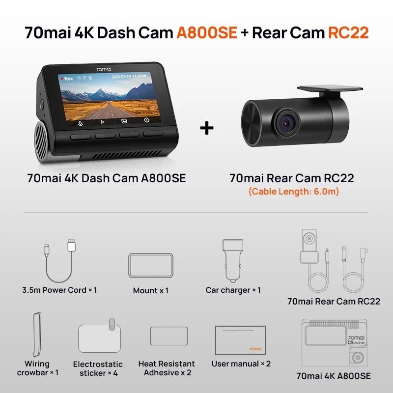 70mai Dash Cam 4K A800SE + Camara Trasera 70mai RC22 - contenido de la caja