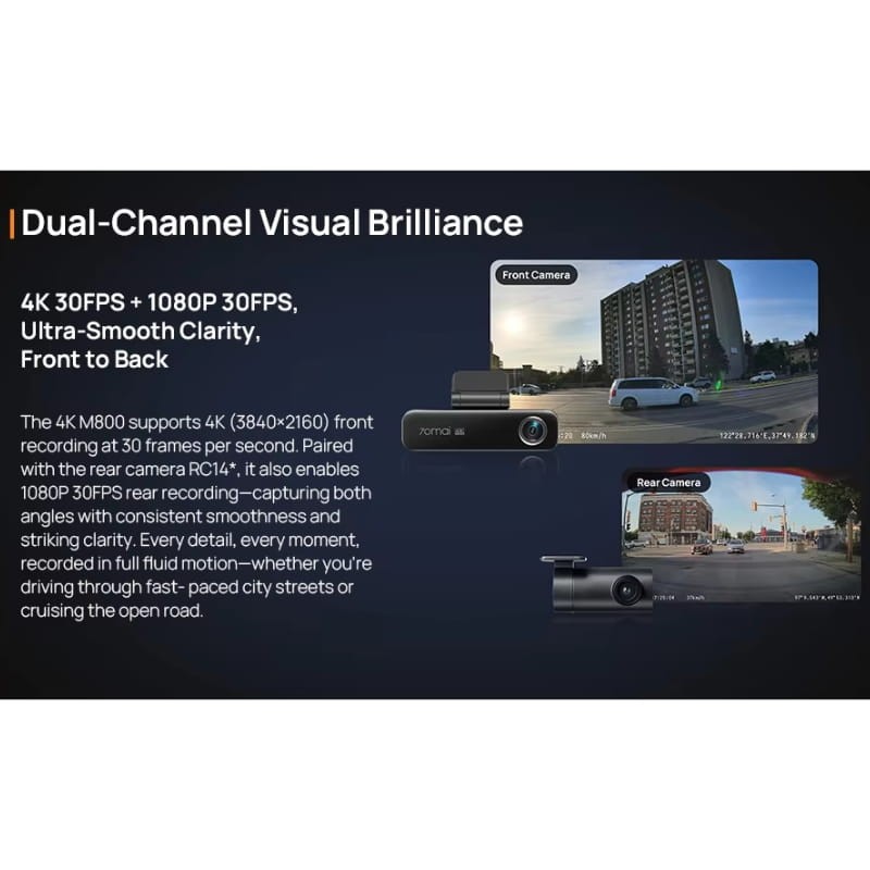 70mai Dash Cam M800 4K HDR + Camara Trasera 70mai RC14 - sistema doble canal