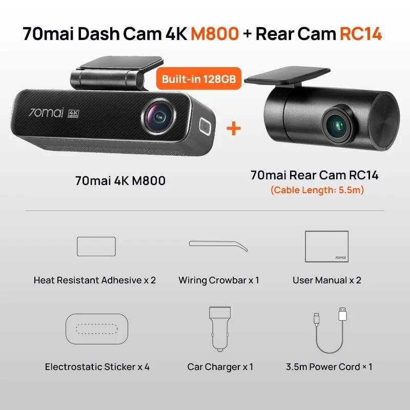 70mai Dash Cam M800 4K HDR + Camara Trasera 70mai RC14 - contenido de la caja
