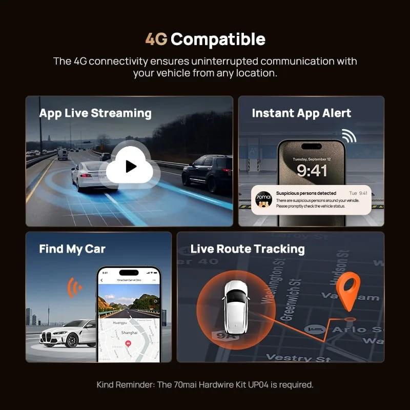 70mai Dash Cam 4K T800 + Cámara Trasera 70mai RC24 - compatibilidad 4G