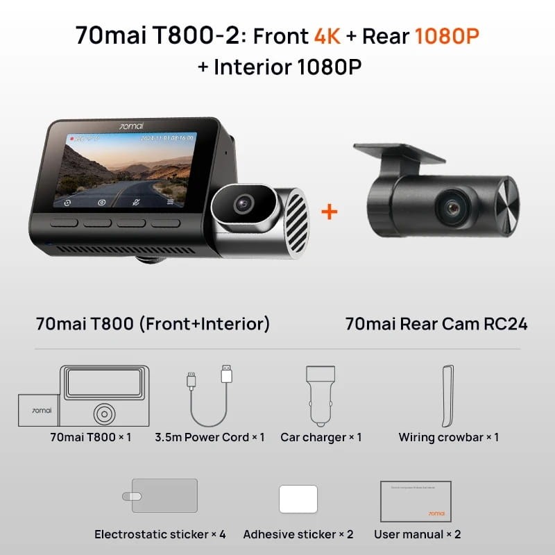70mai Dash Cam 4K T800 + Cámara Trasera 70mai RC24 - contenido de la caja