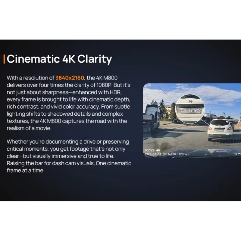 70mai Dash Cam M800 4K HDR - Qualidade de imagem 4K