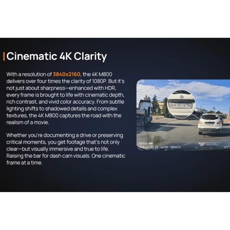 70mai Dash Cam M800 4K HDR - Qualidade de imagem 4K