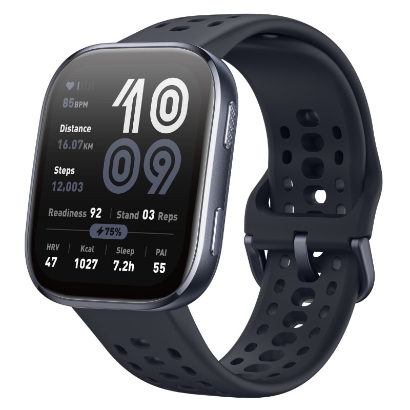 Amazfit Bip 6 Negro desprecintado con pantalla cuadrada, bordes redondeados y correa deportiva perforada; interfaz con métricas de salud y pasos