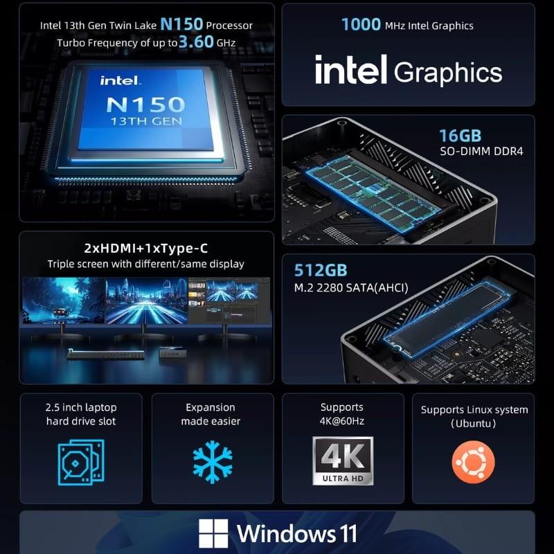 BMAX MaxMini B4 Turbo Intel N150/16Go/512Go/W11 - principales caractéristiques