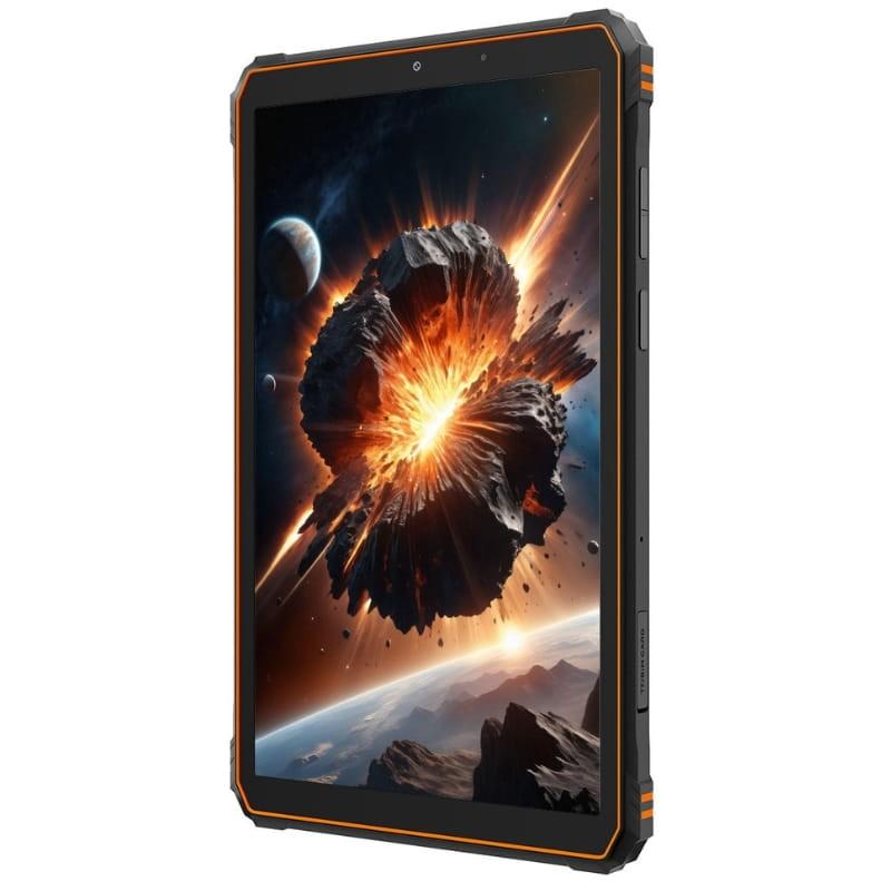 Blackview Active 5 laranja com moldura robusta, tela 8,68 pol, botões laterais e acabamento reforçado; tablet resistente com detalhe em laranja e preto