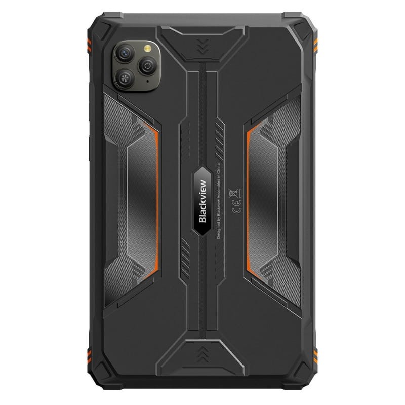 Blackview Active 5 laranja com traseira robusta em borracha preta, detalhes em laranja, cantos reforçados, módulo de câmera quadrado triplo e design