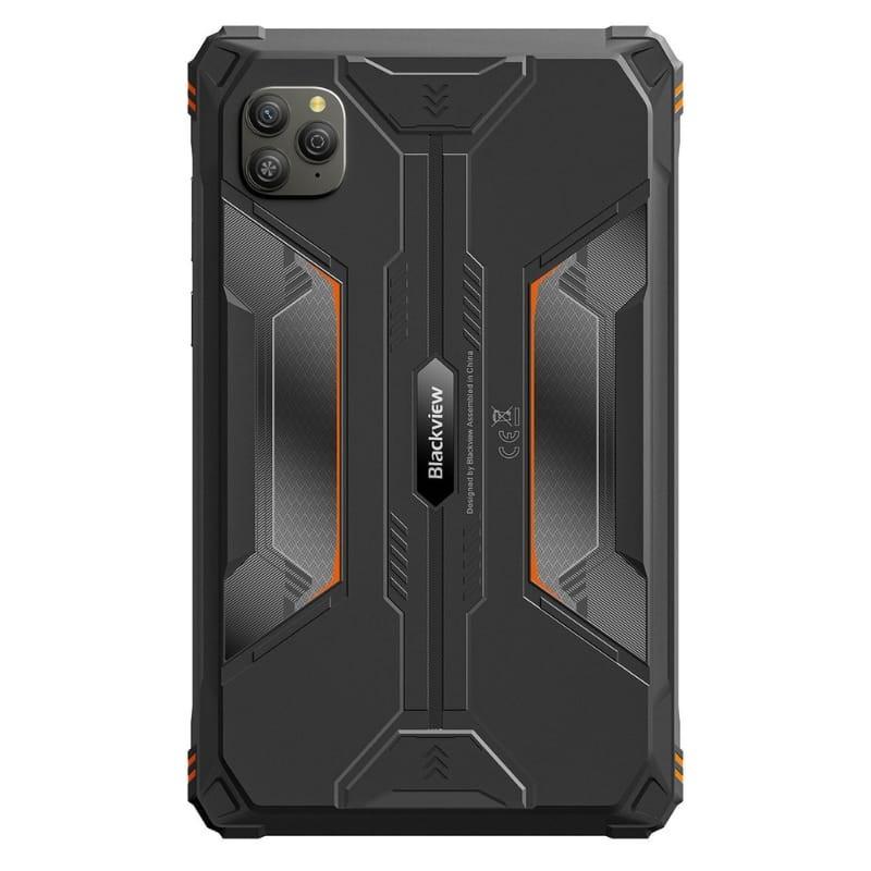 Blackview Active 5 laranja com traseira robusta em borracha preta, detalhes em laranja, cantos reforçados, módulo de câmera quadrado triplo e design