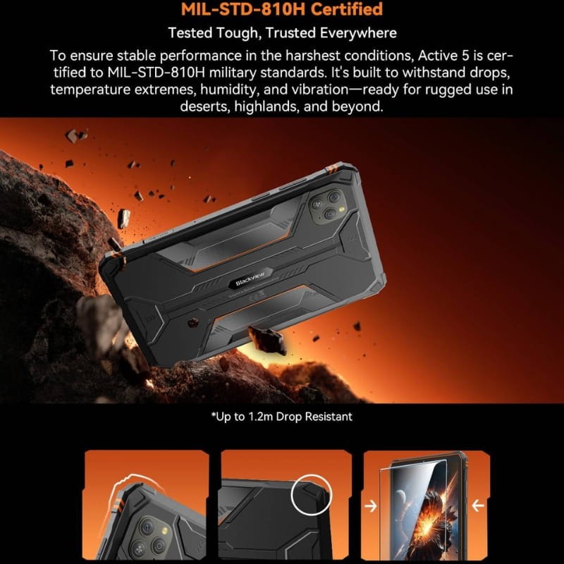 Blackview Active 5 laranja robusto com capa traseira reforçada, cantos protegidos, câmera dupla e tela ampla; padrão militar MIL-STD-810H e resistência a
