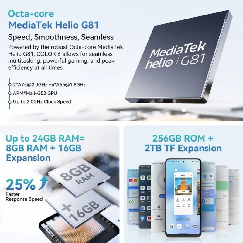 Blackview Color 6 8GB/256GB Preto - processador e memória