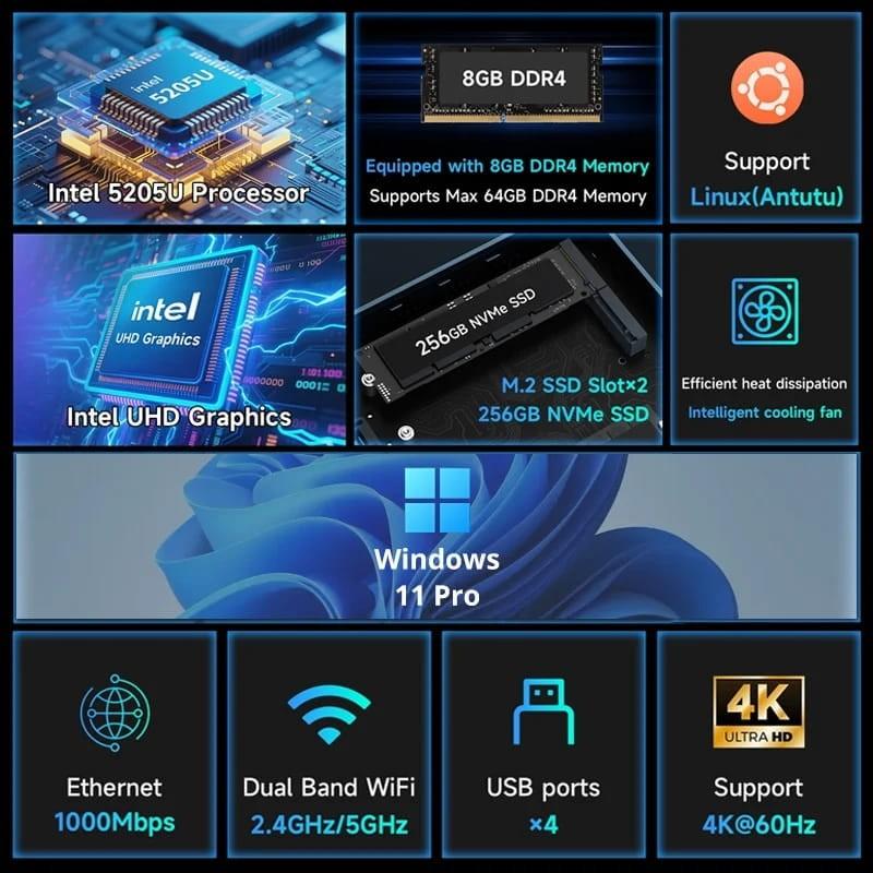Bmax MaxMini B2 Power Intel 5205U 8GB/256GB/W11 Pro - aspectos destacados