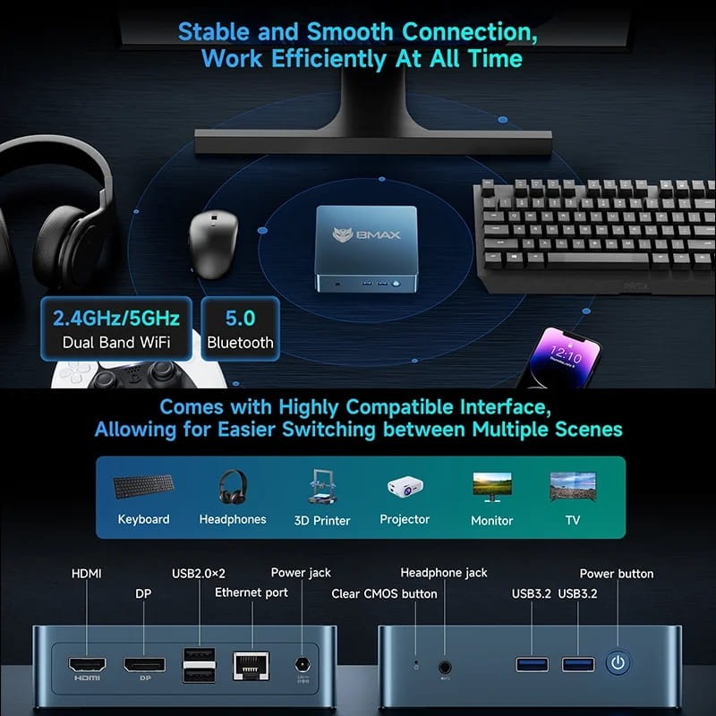 Bmax MaxMini B2 Power Intel 5205U 8GB/256GB/W11 Pro - puertos integrados