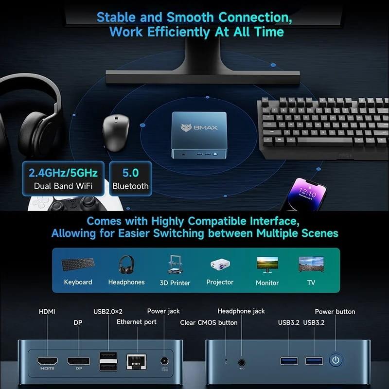 Bmax MaxMini B2 Power Intel 5205U 8GB/256GB/W11 Pro - puertos integrados