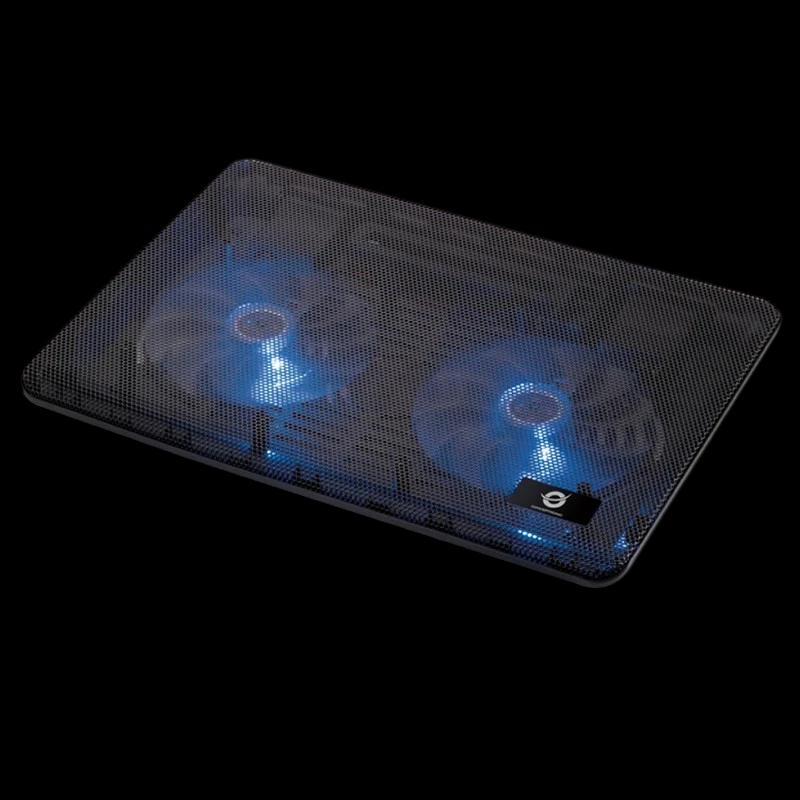 Base de refroidissement Conceptronic pour portable 17 pouces, grille métallique noire, deux grands ventilateurs LED bleus, design fin et antidérapant