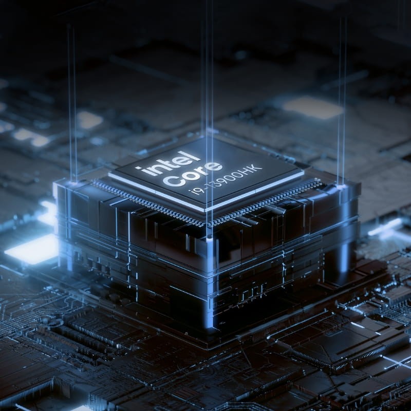 Chip Intel Core i9-13900HK iluminado en placa base, detalle tecnológico en tonos azules y grises, representa potencia del Chuwi CoreBook X 14 gris