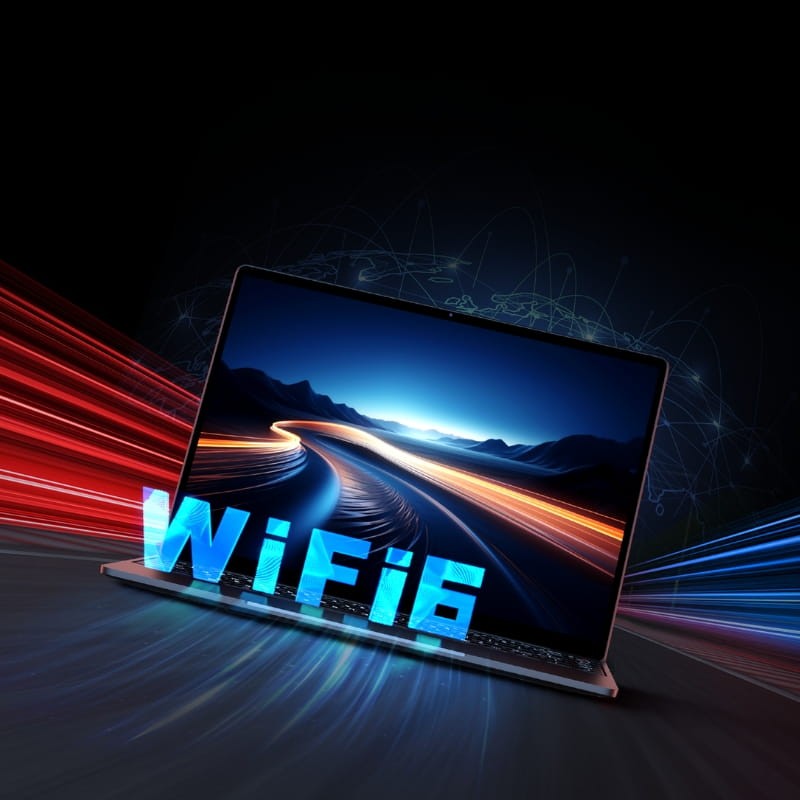 Portátil gris Chuwi CoreBook X 14 con pantalla casi sin bordes mostrando gráfico de velocidad, texto WiFi 6 en 3D al frente y teclado retroiluminado