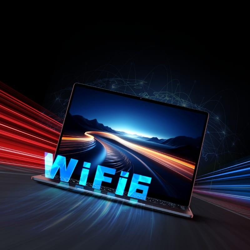 Portátil gris Chuwi CoreBook X 14 con pantalla casi sin bordes mostrando gráfico de velocidad, texto WiFi 6 en 3D al frente y teclado retroiluminado