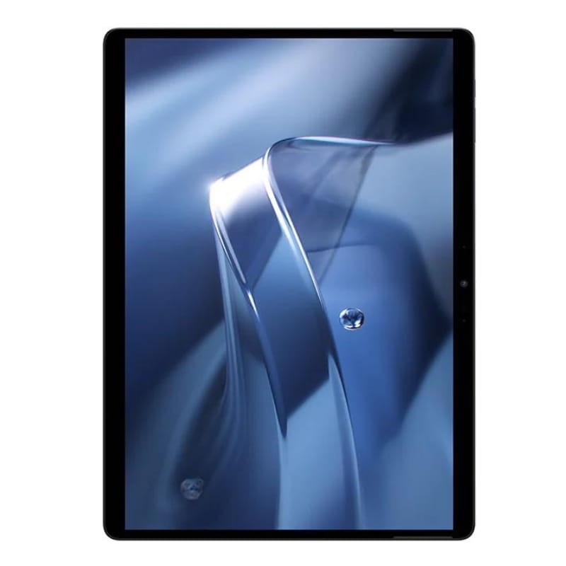 Pantalla táctil negra con biseles delgados y fondo azul metálico brillante, formato vertical. Diseño delgado y moderno, bordes redondeados y cámara frontal