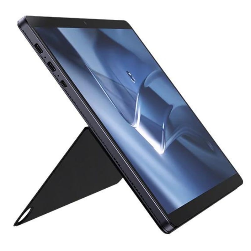 Tablet Chuwi Hi10 Max gris con pantalla 12.96, soporte tipo bisagra y biseles delgados; puertos laterales visibles y funda con soporte incluida