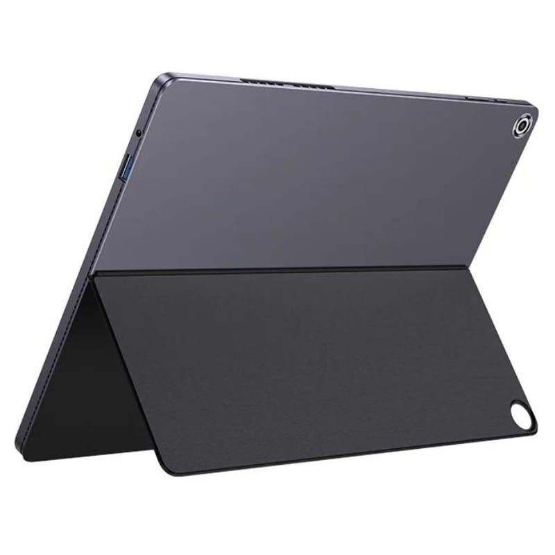 Tablet gris Chuwi Hi10 Max con funda soporte plegable tipo folio, cámara trasera en esquina, bordes delgados y diseño metálico elegante Clase A