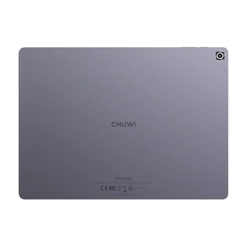 Tableta Chuwi Hi10 Max gris vista trasera, carcasa metálica lisa, logotipo centrado, cámara trasera en esquina con aro plateado y bordes redondeados