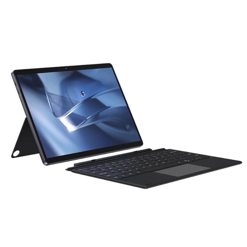 Tablet 2 en 1 gris con teclado desmontable y funda soporte, pantalla 12.96, biseles delgados, trackpad amplio y puerto lateral visible