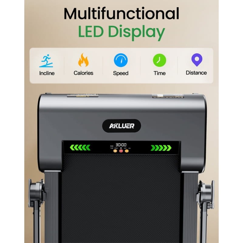 Pantalla LED multifuncional en la Cinta de Correr Akluer H1-B: muestra inclinación 13 %, velocidad 1-12 km/h, calorías, tiempo y distancia