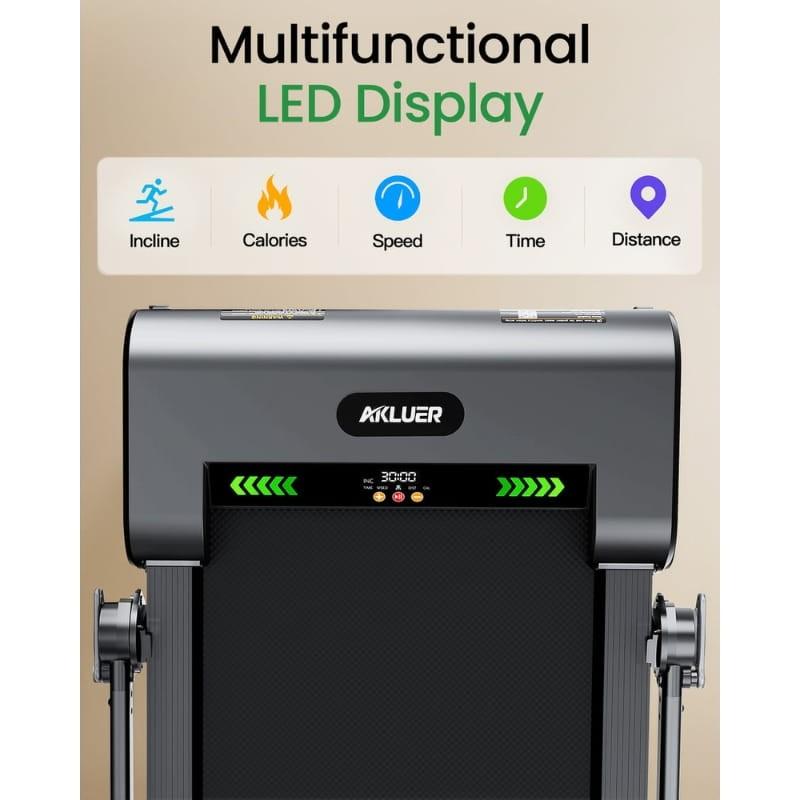 Pantalla LED multifuncional en la Cinta de Correr Akluer H1-B: muestra inclinación 13 %, velocidad 1-12 km/h, calorías, tiempo y distancia