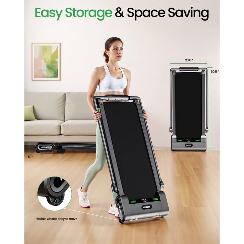 Cinta de Correr Akluer H1-B plegable con ruedas, panel LED, barandillas abatibles y diseño compacto vertical; inclinación automática 13%, 1-12 km/h