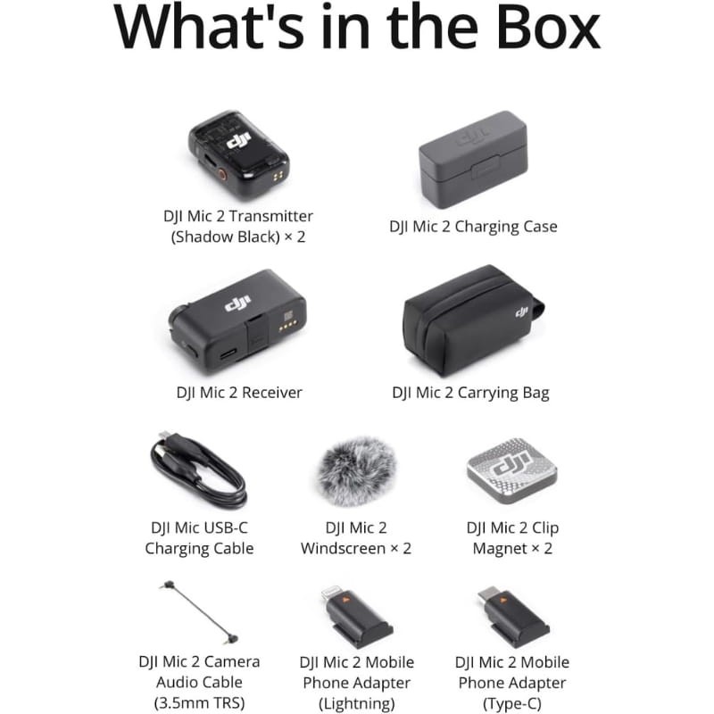 DJI Mic 2 (2 TX + 1 RX + Estuche de carga) - contenido de la caja