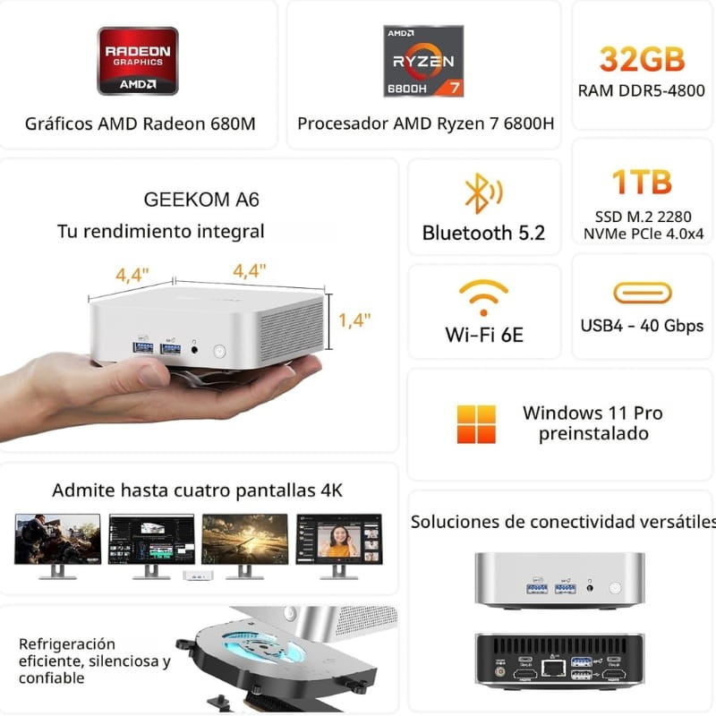 GEEKOM A6 AMD Ryzen 7 6800H/32GB/1TB Win 11 Pro Plata - características principales