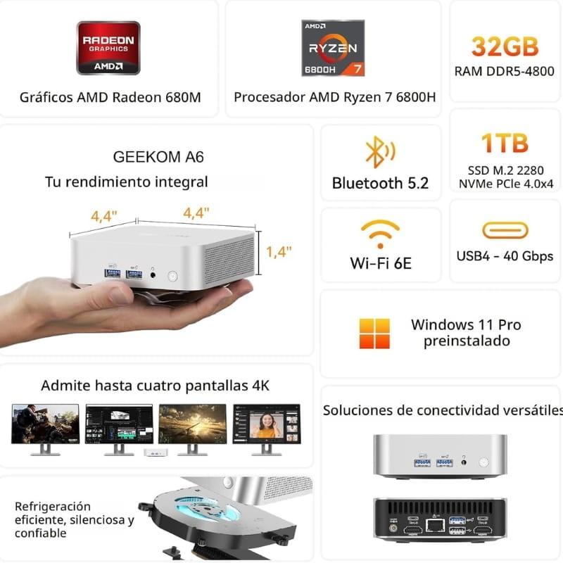 GEEKOM A6 AMD Ryzen 7 6800H/32GB/1TB Win 11 Pro Plata - características principales