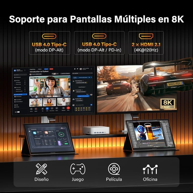 GEEKOM A9 MAX AI AMD Ryzen AI 9 HX 370 32GB/2TB Win11 Pro - salida de vídeo