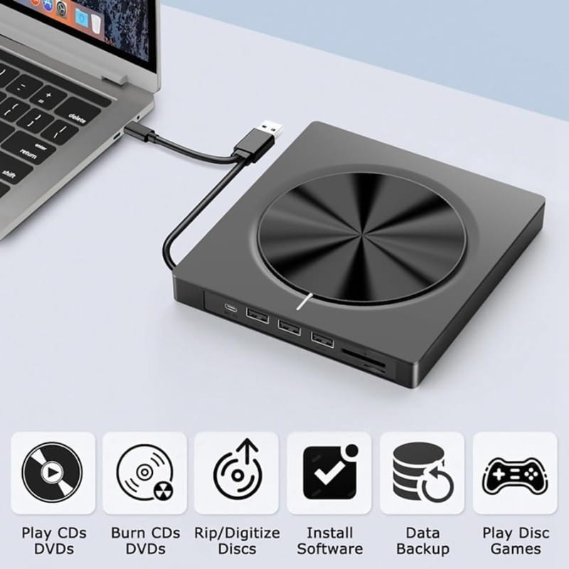 Graveur CD/DVD externe 8 en 1 avec USB-C/A/MicroSD - fonctions