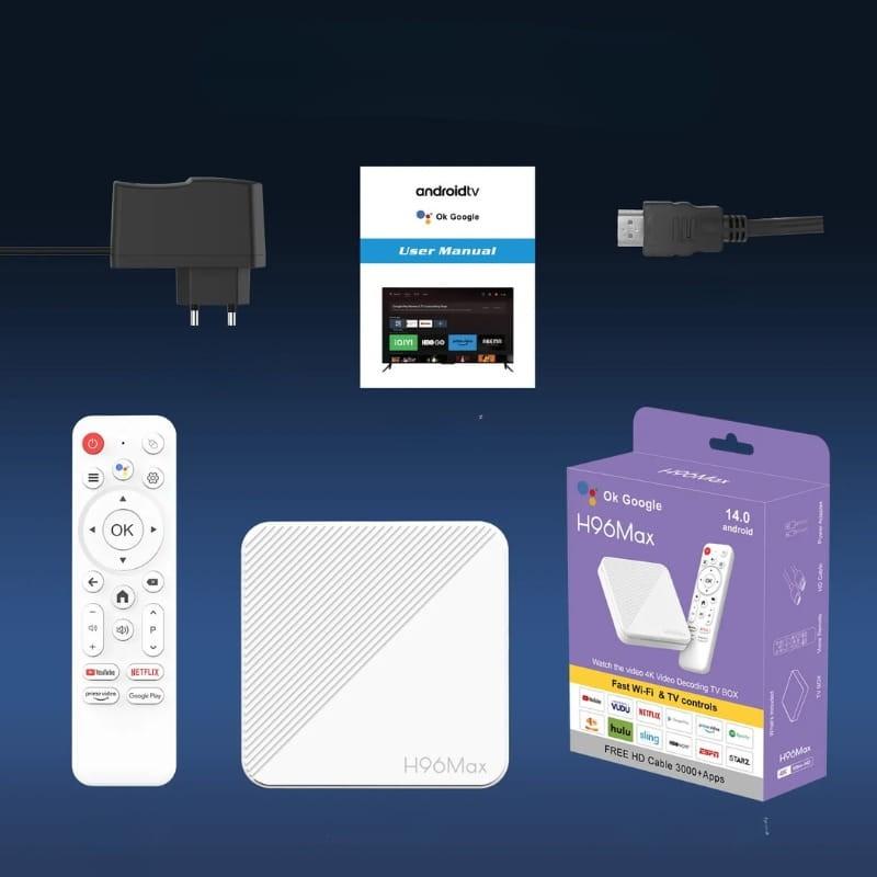 H96 Max H313 4K 2Go/16Go Android 14 Blanc - Android TV - contenu de la boîte