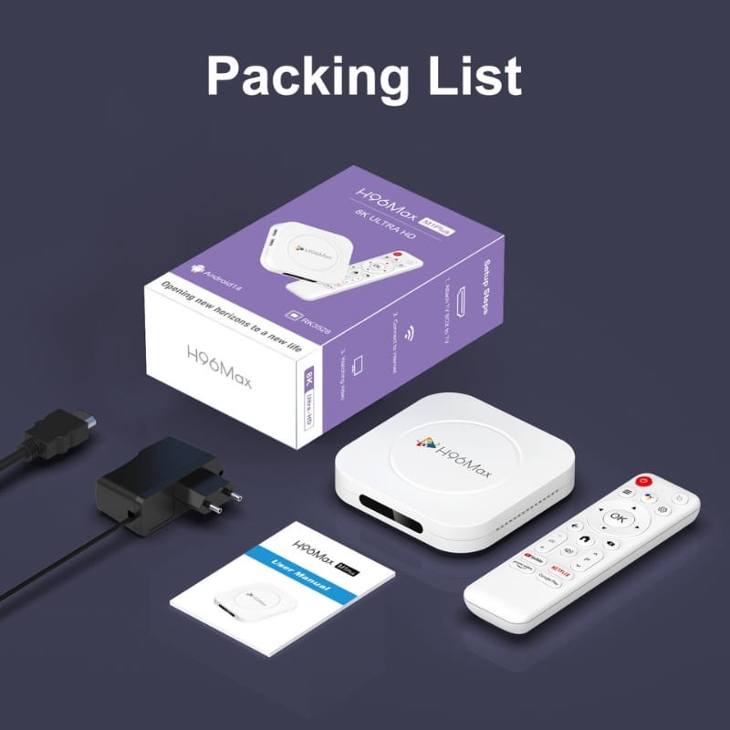 H96 Max M1 Plus 4GB/128GB 8K WiFi6 Android 14 Branco - conteúdo da caixa