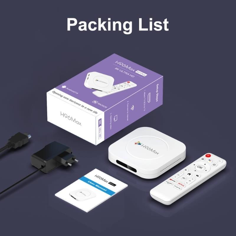 H96 Max M1 Plus 4GB/128GB 8K WiFi6 Android 14 Branco - conteúdo da caixa
