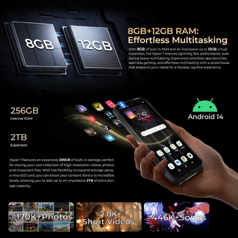 Hotwav Hyper 7 5G 8GB/256GB Preto Rugged - capacidade de memória