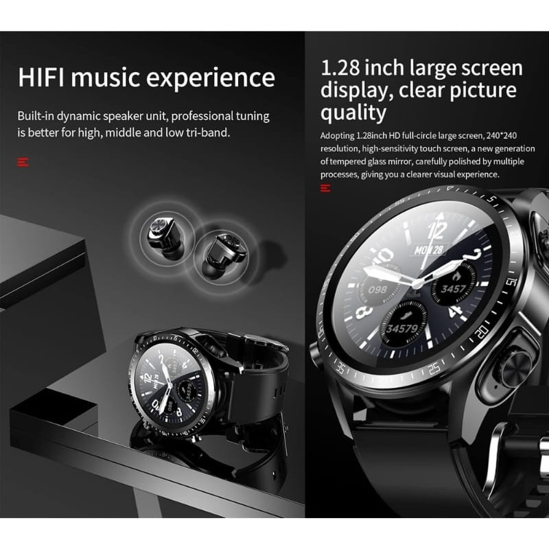 JM03 Noir avec bracelet en silicone et écouteurs TWS - casque et écran intégrés