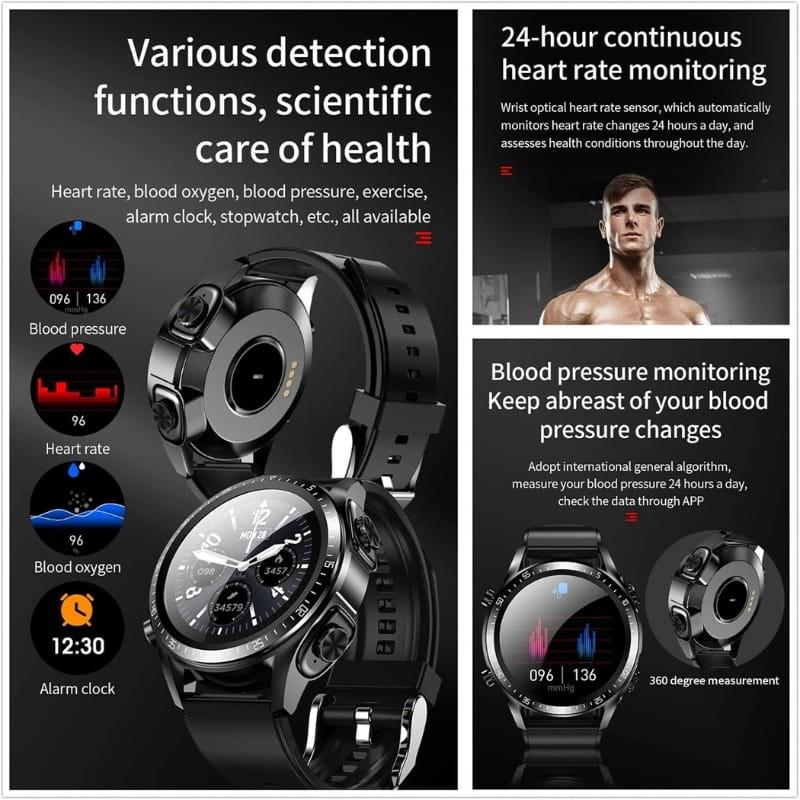JM03 Noir avec bracelet en silicone et écouteurs TWS - surveillance de la santé